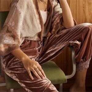 by Anthropologie Gloria Velvet Joggers Taupe Brown Velour Stretch Waist Pants S